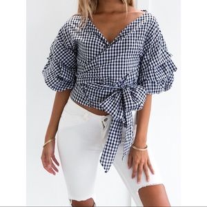 Black and white gingham wrap top